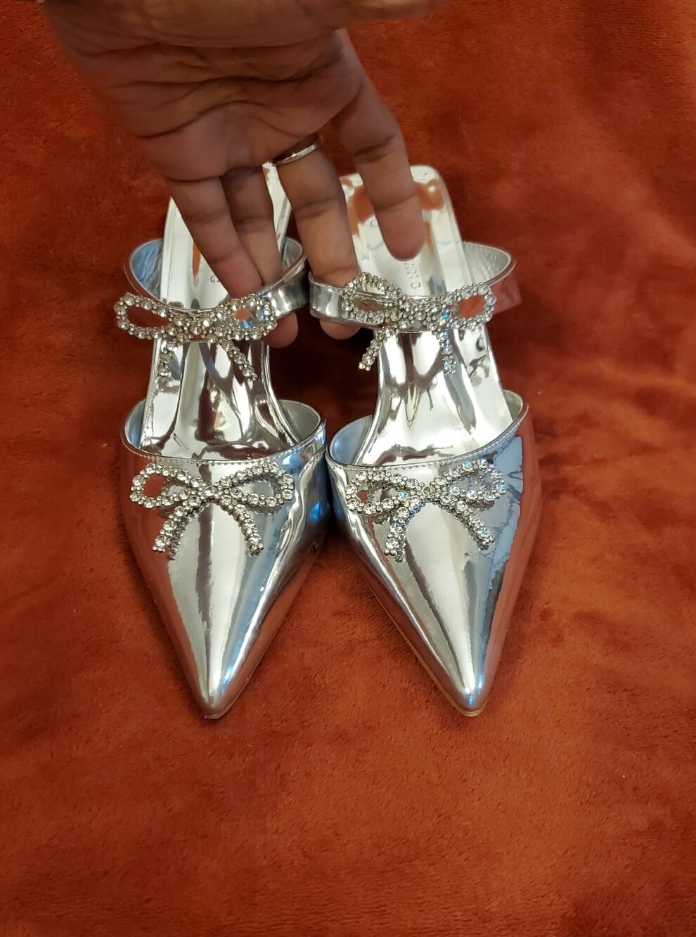 AZALEA WANG Silver Slingback Heels with Sparkly Crystal Bows